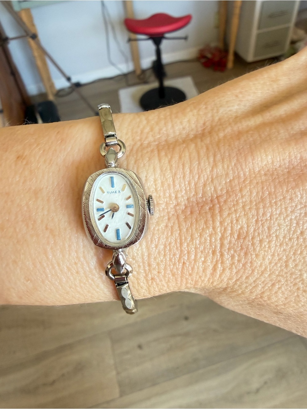 Timex Women's Silver-Tone Bracelet Watch with Blue and Tan Accents